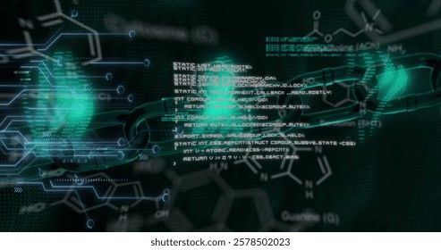 Image of chemical formula and data processing on black background. Global science, computing and digital interface concept digitally generated image.