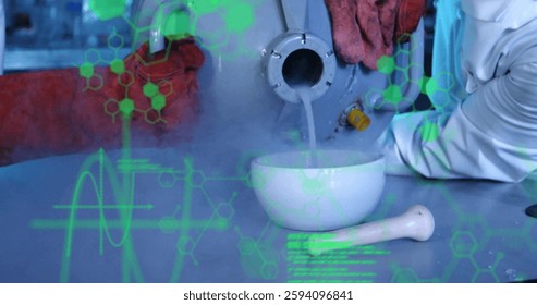 Image of chemical formula and data processing over diverse scientists in lab. Global science, computing and digital interface concept digitally generated image.