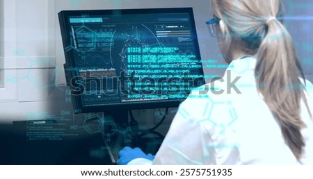 Image of chemical formula and data processing over caucasian female scientist in lab. Global science, computing and digital interface concept digitally generated image.