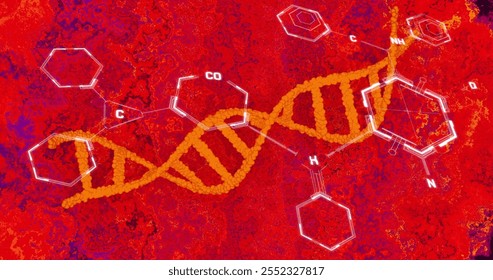 Image of chemical formula and dna strand on red background. Science, technology and digital interface concept digitally generated image.