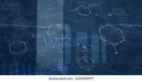 Image of chemical formula over financial data processing on black background. Global finances, computing and digital interface concept digitally generated image.