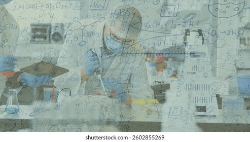 Image of chemical formulae compounds over scientists working in laboratory. digital interface global connection and science concept digitally generated image.