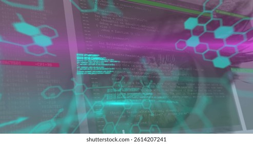 Image of chemical formulas and data processing over eye of woman. science, chemistry, data processing and technology concept digitally generated image.