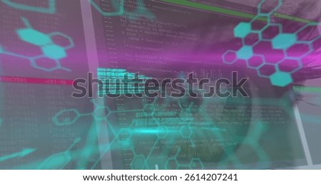Image of chemical formulas and data processing over eye of woman. science, chemistry, data processing and technology concept digitally generated image.