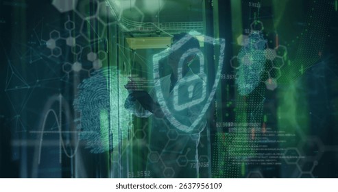 Image of chemical formulas, graphs, fingerprints and digital padlock over servers. Network, connections, data processing and technology concept digitally generated image.