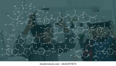 Image of chemical formulas over african american boy using vr headset. Global science, connections, data processing and digital interface concept digitally generated image.