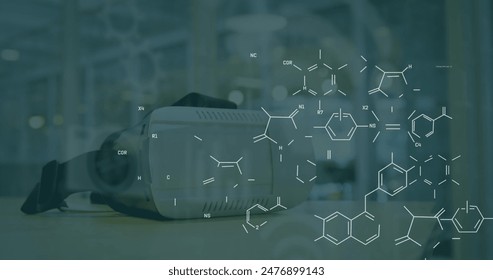 Image of chemical formulas over vr headset. Global science, connections, data processing and digital interface concept digitally generated image.