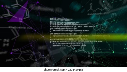 Image of chemical formulas and scientific data on black background. Science, network, connections and technology concept digitally generated image.