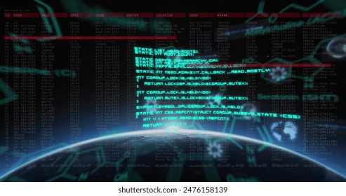 Image of chemical structures and data processing against glowing light spot over globe. Global networking and business interface technology concept