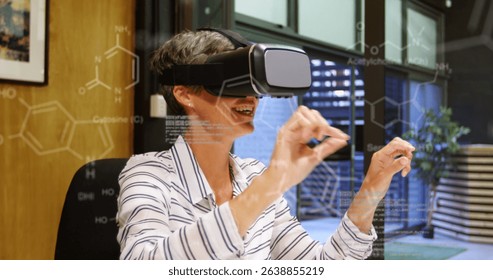 Image of chemical structures and data processing over caucasian woman wearing vr headset. Medical research and business technology concept