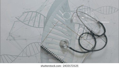 Image of chemical structures and dna strands over notebook and stethoscope. Global medicine and digital interface concept digitally generated image.