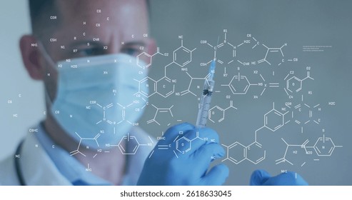 Image of chemical structures over caucasian male doctor with syringe and face mask. Global covid 19 pandemic, medicine, data processing and science concept digitally generated image.