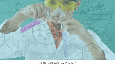 Image of chemistry data and drawings over boy using test tubes in laboratory. digital interface global connection and science concept digitally generated image.