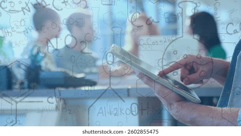 Image of chemistry formulae over man using tablet. digital interface global connection and science concept digitally generated image.
