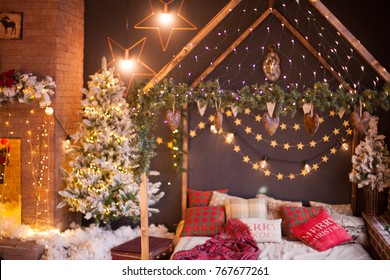 Room Christmas Tree Fireplace Lights Xmas Stockfoto Jetzt