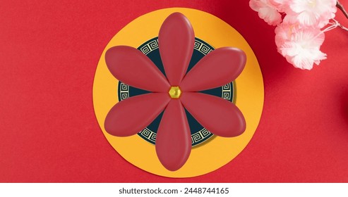 Image of chinese pattern and flowers with copy space on red background. Chinese new year, festivity, celebration and tradition concept digitally generated image. - Powered by Shutterstock