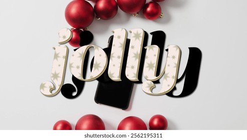 Image of christmas jolly text over baubles on white background. Christmas, festivity, tradition and celebration concept digitally generated image. - Powered by Shutterstock