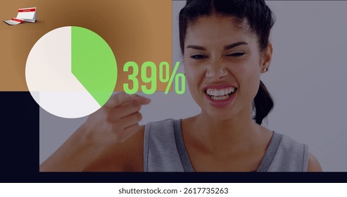 Image of circle with growing number over biracial woman. global business, data processing and digital interface concept digitally generated image.