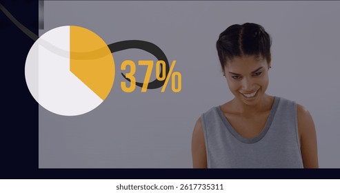 Image of circle with growing number over biracial woman. global business, data processing and digital interface concept digitally generated image.