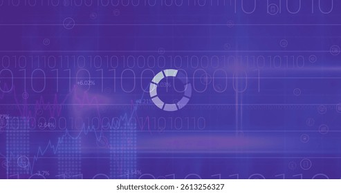 Image of circle loading and binary coding over purple background. global data processing, connections and digital interface concept digitally generated image.