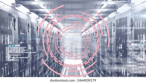 Image of circles, computer language over binary codes on data server racks in server room. Digital composite, business, progress, coding, data center, networking and technology concept.