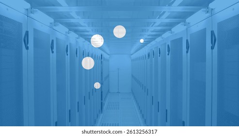 Image of circles with data loading and processing over computer servers. global data processing, connections and digital interface concept digitally generated image.