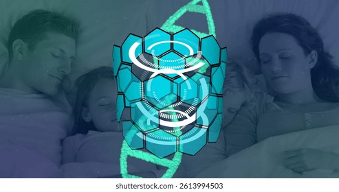 Image of circles and dna strand spinning over parents with children sleeping in bed. global science, research, data processing and digital interface concept digitally generated image.