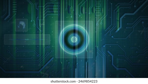 Image of circles, globe and circuit board pattern against server room. Digital composite, multiple exposure, shape, globalization, networking, technology and network server concept.