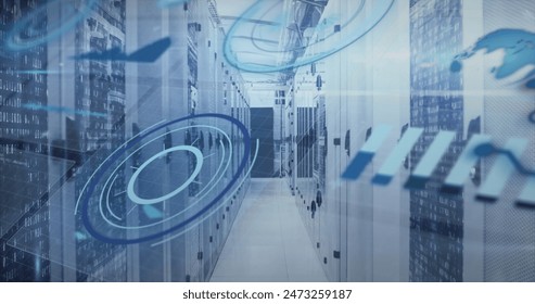 Image of circles, globe, graphs over binary codes on data server racks in server room. Digital composite, shape, report, business, globalization, data center, networking and technology concept.