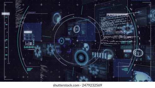 Image of circles over radars, computer language against black background. Digitally generated, hologram, globalization, sonar, molecule, coding, abstract and technology concept. - Powered by Shutterstock - Get 15% off with code: PIKWIZARD15