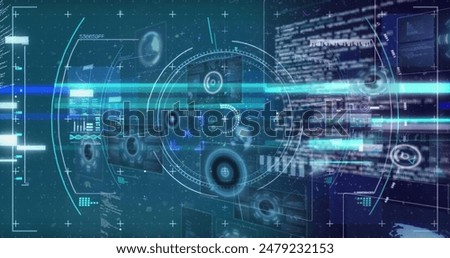 Image of circles over radars, computer language against black background. Digitally generated, hologram, globalization, sonar, molecule, coding, abstract and technology concept.