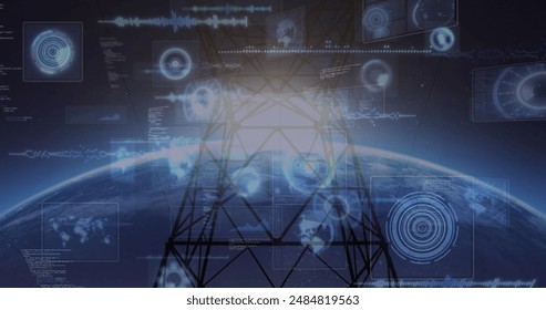 Image of circles, radar, soundwaves and transmission tower against globe in background. Digital composite, multiple exposure, sonar, electricity, globalization and futuristic technology concept. - Powered by Shutterstock