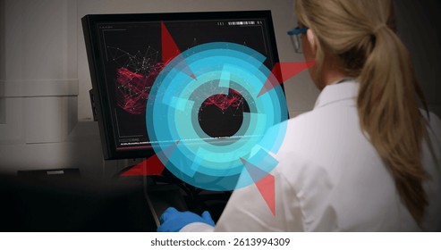 Image of circles spinning over female scientist using computer. global science, research, data processing and digital interface concept digitally generated image.
