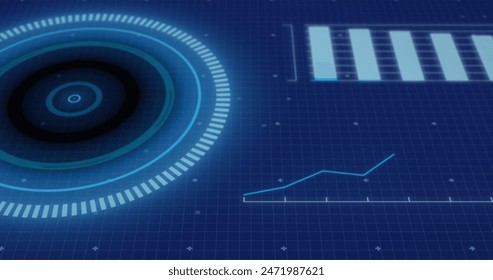 Image of circles, symbols and graphs over grid pattern against abstract background. Digitally generated, hologram, illustration, illuminated, shape, report, signs and business concept.