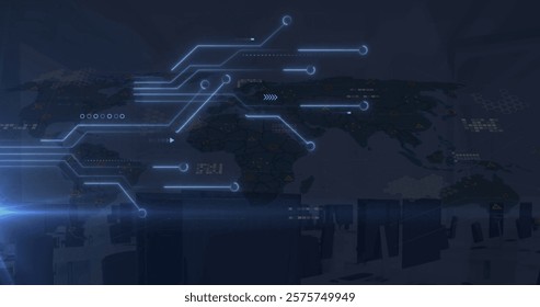 Image of circuit board, computing data processing over scope scanning. Global connections, computing and data processing concept digitally generated image.