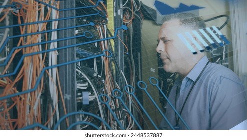 Image of circuit board and data processing over caucasian it man fixing computer server. global computing and data processing concept digitally generated image.