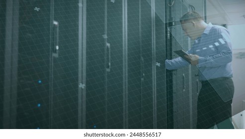 Image of circuit board and data processing over caucasian it man fixing computer server. global computing and data processing concept digitally generated image.