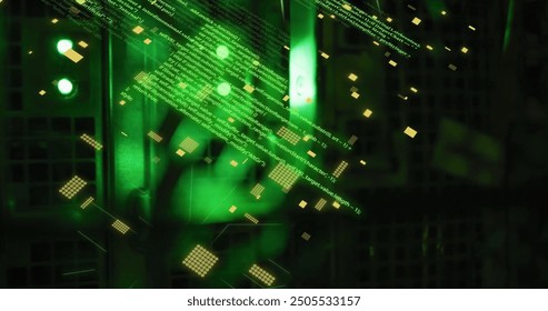 Image of circuit board and data processing over computer servers. Global business, connections, computing and data processing concept digitally generated image.