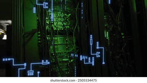 Image of circuit board and data processing over computer servers. Global business, connections, computing and data processing concept digitally generated image.