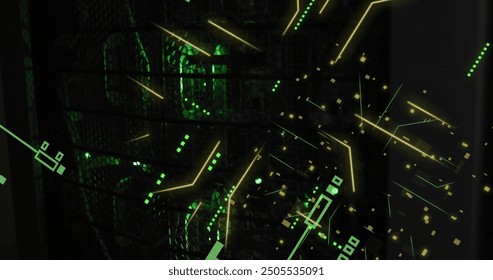 Image of circuit board and data processing over computer servers. Global business, connections, computing and data processing concept digitally generated image.