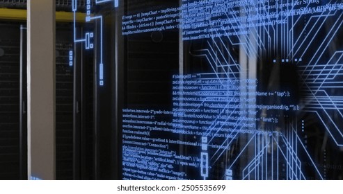 Image of circuit board and data processing over computer servers. Global business, connections, computing and data processing concept digitally generated image.