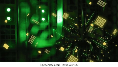 Image of circuit board and data processing over computer servers. Global business, connections, computing and data processing concept digitally generated image.