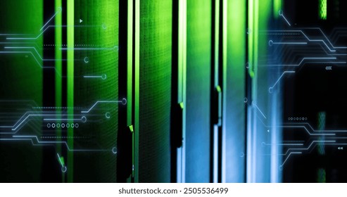 Image of circuit board and data processing over computer servers. Global business, connections, computing and data processing concept digitally generated image.