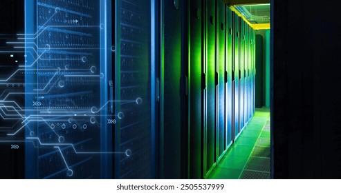 Image of circuit board and data processing over computer servers. Global business, connections, computing and data processing concept digitally generated image.