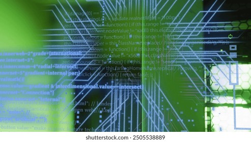 Image of circuit board and data processing over computer servers. Global business, connections, computing and data processing concept digitally generated image.