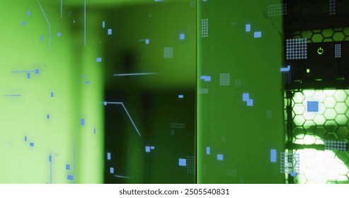 Image of circuit board and data processing over computer servers. Global business, connections, computing and data processing concept digitally generated image.