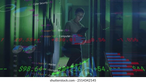 Image of circuit board and data processing over caucasian female it engineer by computer servers. Global business, connections, computing and data processing concept digitally generated image.