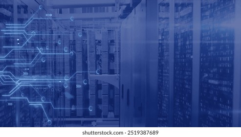 Image of circuit board and data processing over computer servers. Global finance, business, connections, computing and data processing concept digitally generated image.