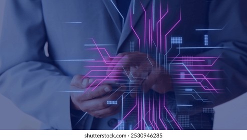 Image of circuit board with data processing over caucasian man using smartphone. Global connections, computing, digital interface and data processing concept digitally generated image. - Powered by Shutterstock - Get 15% off with code: PIKWIZARD15