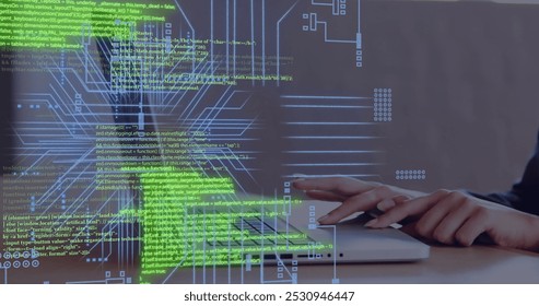 Image of circuit board with data processing over caucasian woman using laptop. Global connections, computing, digital interface and data processing concept digitally generated image.